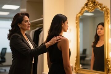 Ana Altamira practica postura frente al espejo con vestido azul marino antes de la reunión ejecutiva