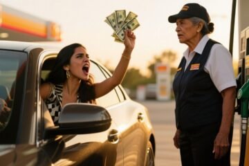 Doña Carmen, empleada de gasolinera, cobrando frente a un BMW deportivo