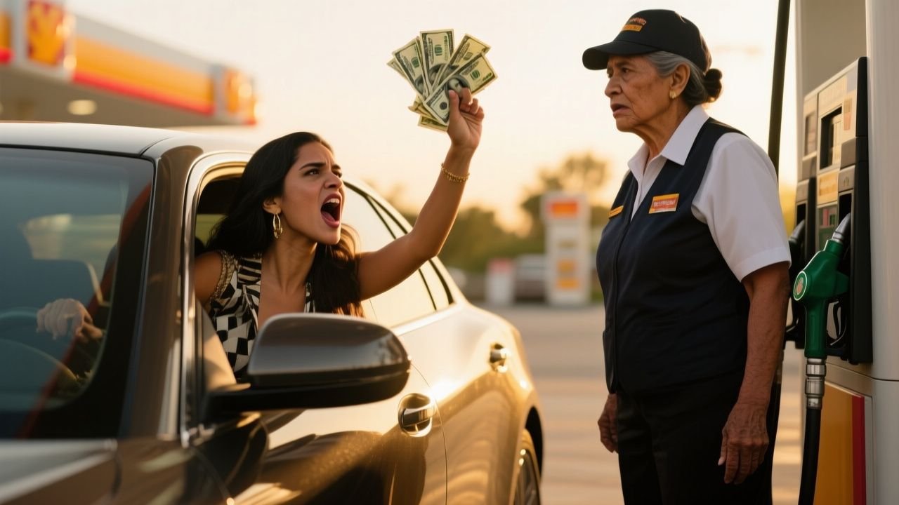 Doña Carmen, empleada de gasolinera, cobrando frente a un BMW deportivo