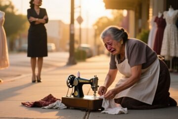 Anciana costurera arrodillada recogiendo su máquina de coser rota tras ser humillada por una clienta prepotente