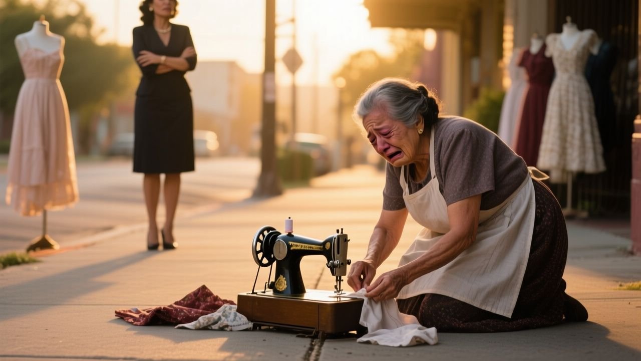 Anciana costurera arrodillada recogiendo su máquina de coser rota tras ser humillada por una clienta prepotente
