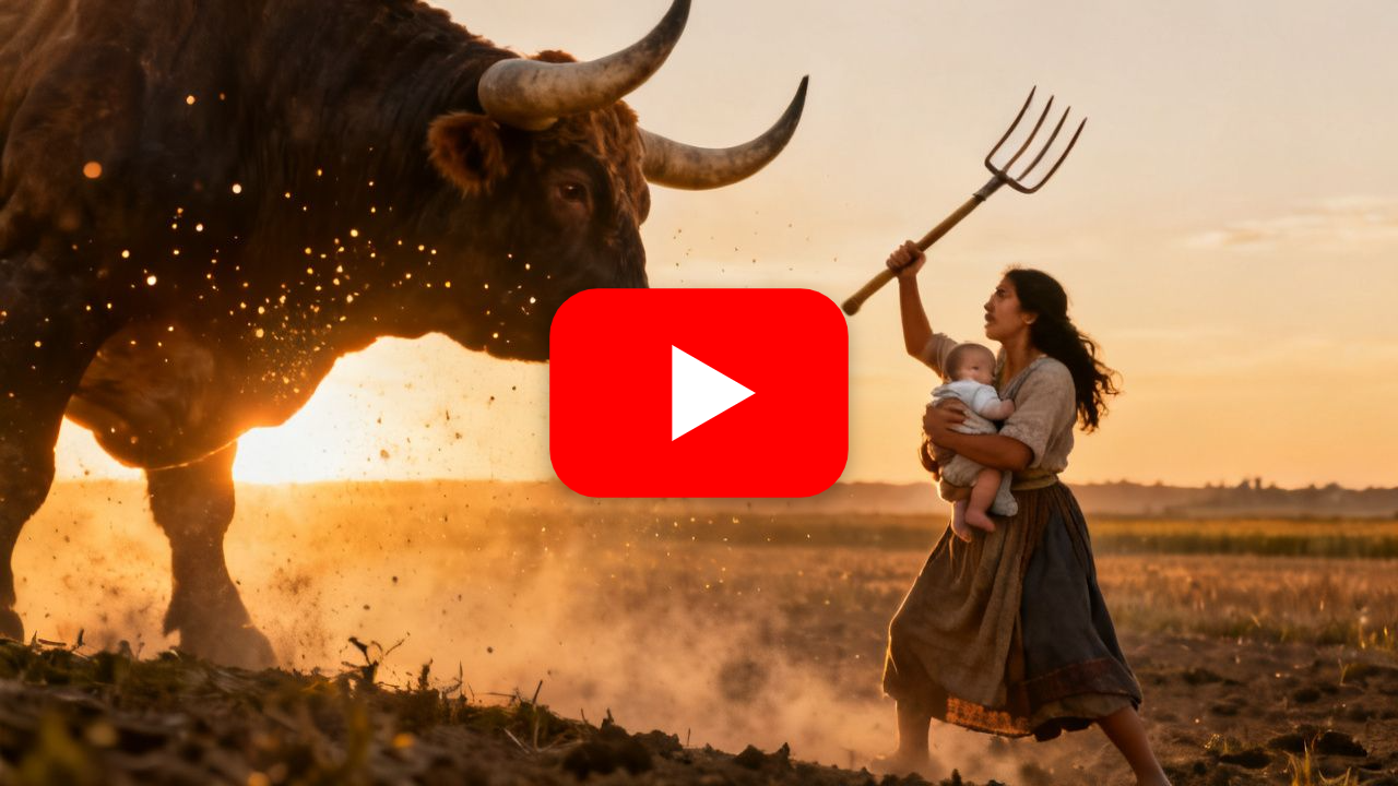 Campesina sosteniendo una horca frente a una bestia gigante con cuernos mientras protege a su bebé envuelto en una manta