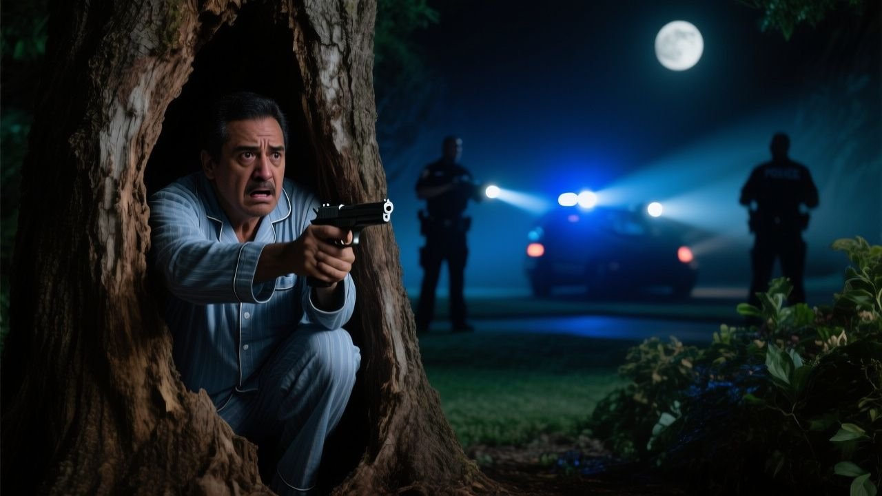 Ceibo de tronco grueso y retorcido en un jardín oscuro, con raíces sobresaliendo de la tierra durante la madrugada