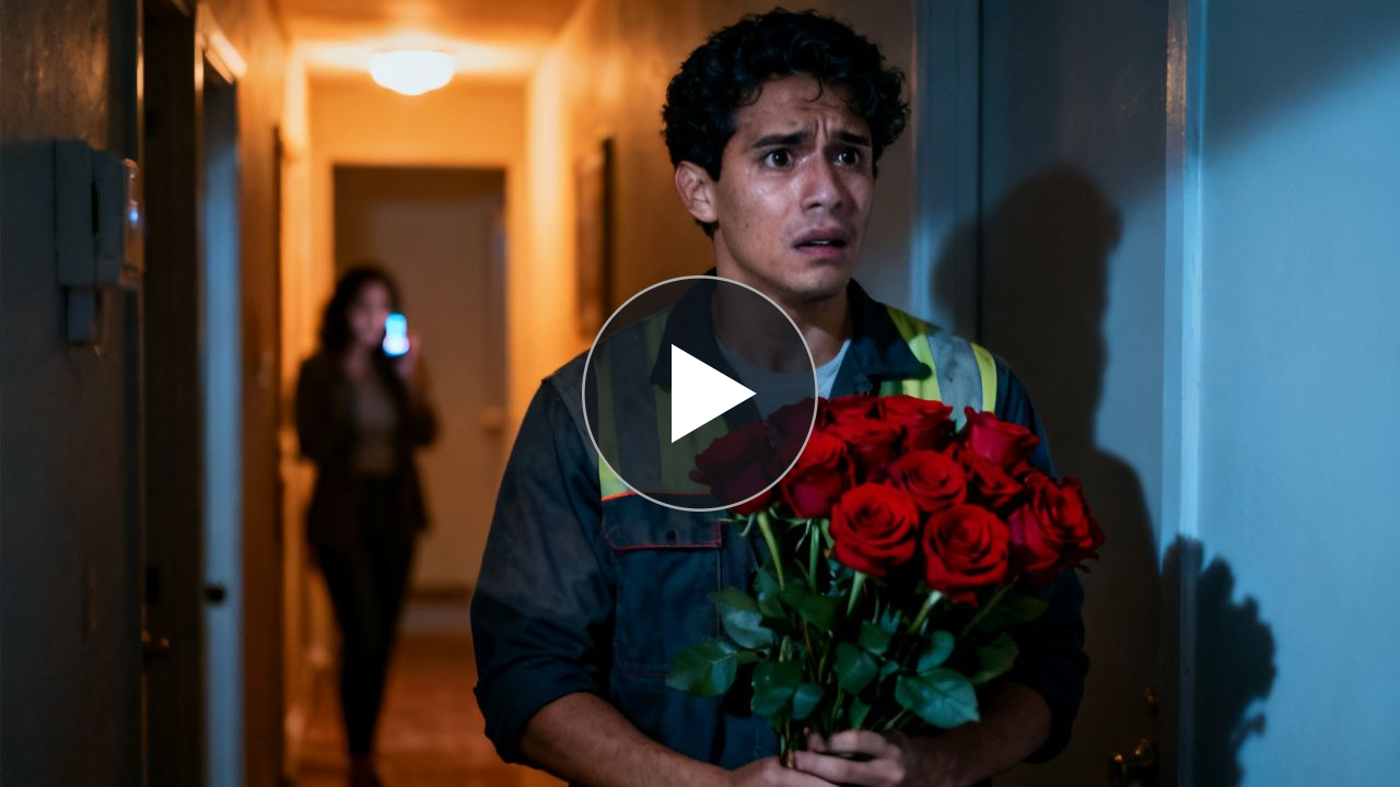 Joven trabajador sostiene un ramo de rosas rojas frente a la puerta de su departamento por la noche