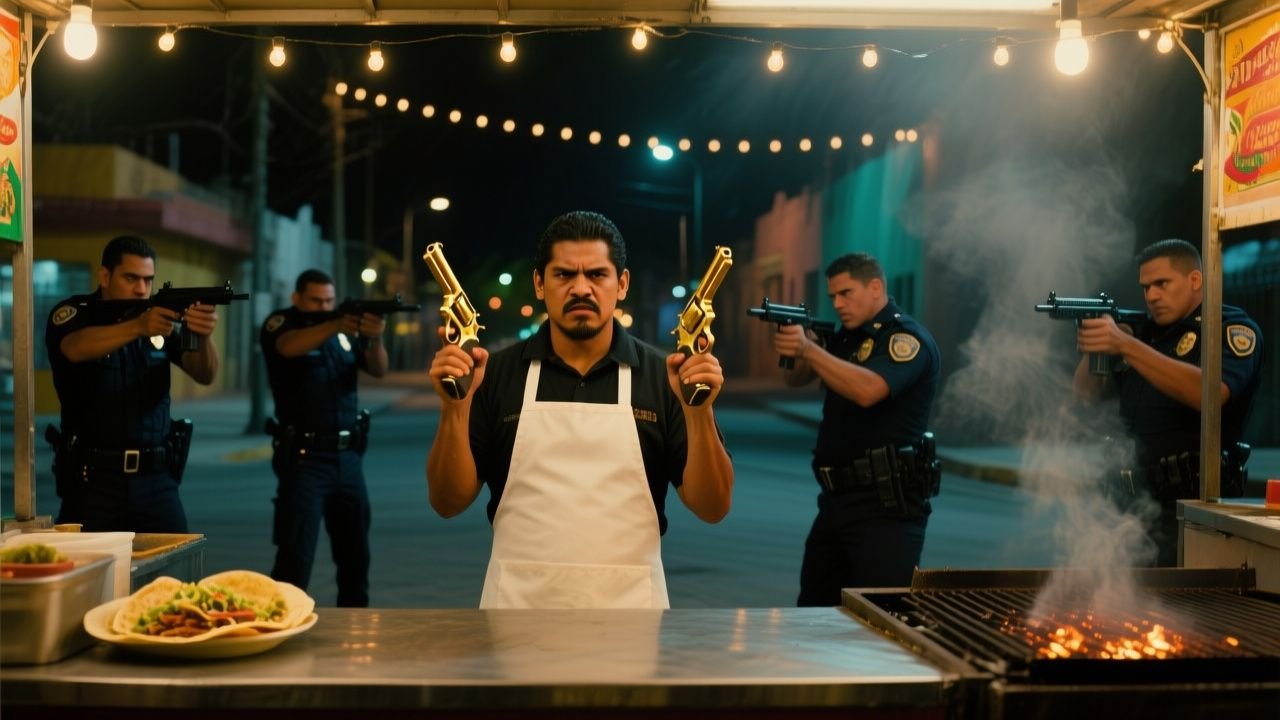 Taquero con delantal blanco y dos pistolas doradas frente a policías armados en su carrito de tacos durante la noche