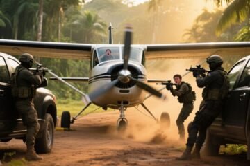 Avioneta monomotor detenida en pista de tierra selvática rodeada por dos camionetas negras y hombres armados