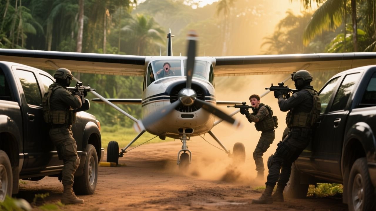 Avioneta monomotor detenida en pista de tierra selvática rodeada por dos camionetas negras y hombres armados