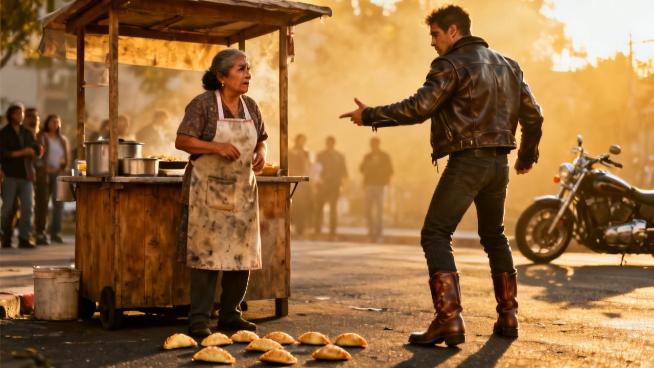 Doña Carmen junto a su puesto de empanadas mientras un motociclista tira la comida al suelo en la noche