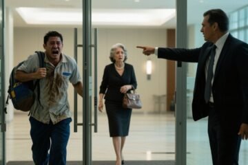 Empleado con sobre de liquidación en pasillo de oficina tras ser despedido por llegar tarde