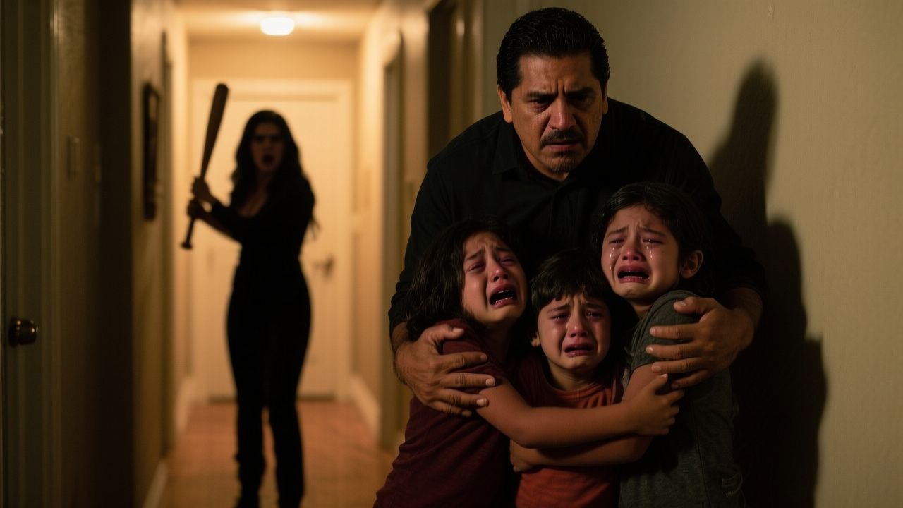 Padre protegiendo a sus tres hijos de una mujer con bate de béisbol frente a la puerta cerrada del sótano