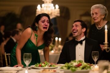 Mujer con vestido verde esmeralda humillada en cena de gala con ensalada en el rostro