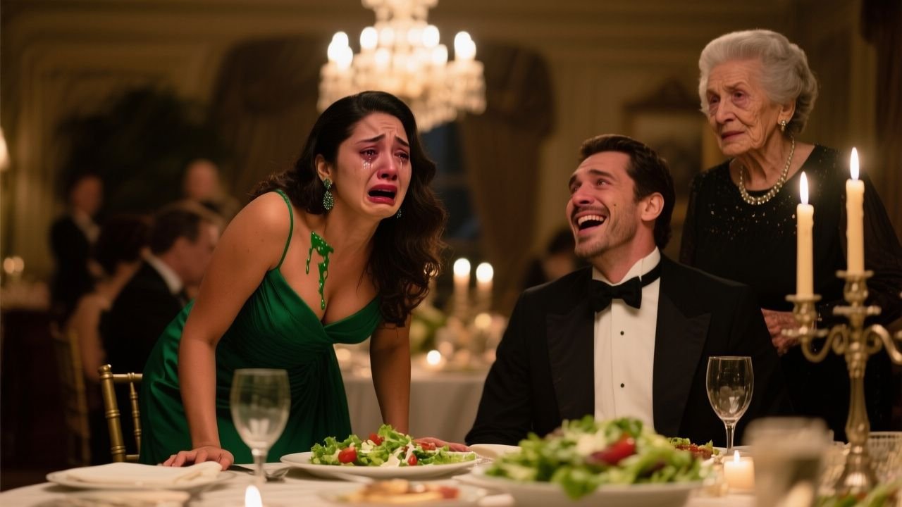Mujer con vestido verde esmeralda humillada en cena de gala con ensalada en el rostro