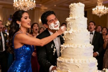 Mujer elegante empuja la cara de un hombre contra un pastel de cinco pisos en una fiesta de lujo