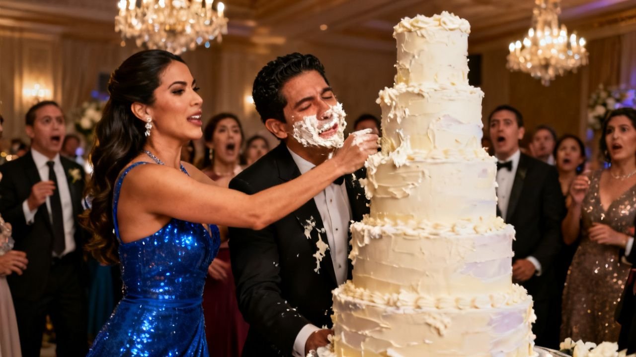 Mujer elegante empuja la cara de un hombre contra un pastel de cinco pisos en una fiesta de lujo