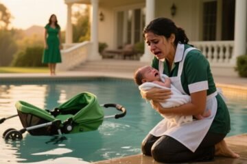 Carriola verde oliva junto al borde de una piscina con un bebé dormido dentro, escena previa al accidente