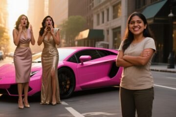 Joven de ropa sencilla junto a un Ferrari rosa magenta frente a un edificio de lujo con dos mujeres sorprendidas