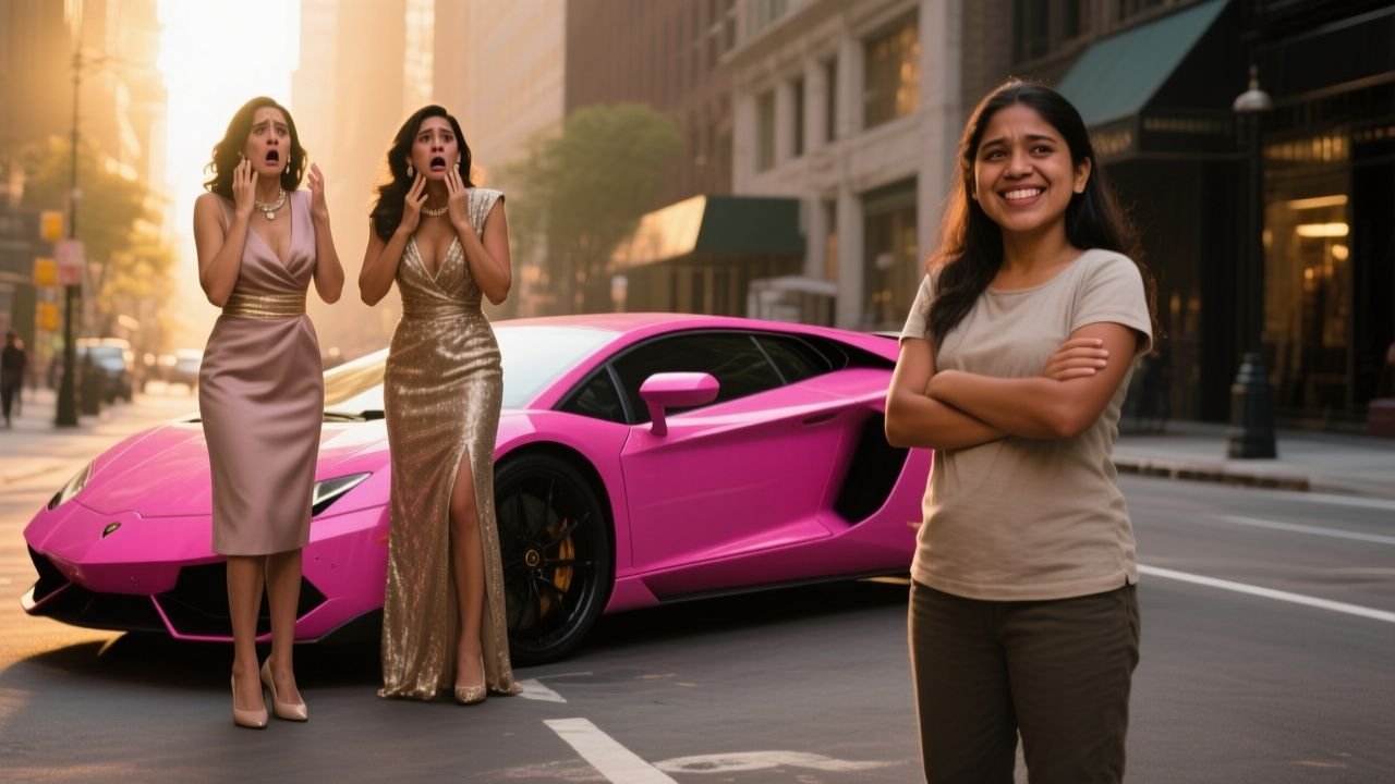 Joven de ropa sencilla junto a un Ferrari rosa magenta frente a un edificio de lujo con dos mujeres sorprendidas