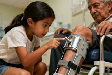 Niña de 6 años observando el tornillo de una férula ortopédica en la pierna de un hombre mayor