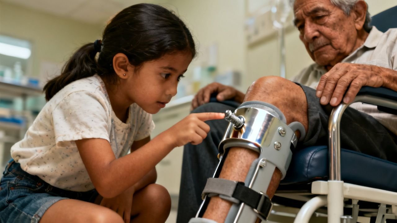Niña de 6 años observando el tornillo de una férula ortopédica en la pierna de un hombre mayor