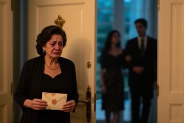 Victoria de pie en la acera con dos maletas frente a la mansión familiar, mirando la reja cerrada
