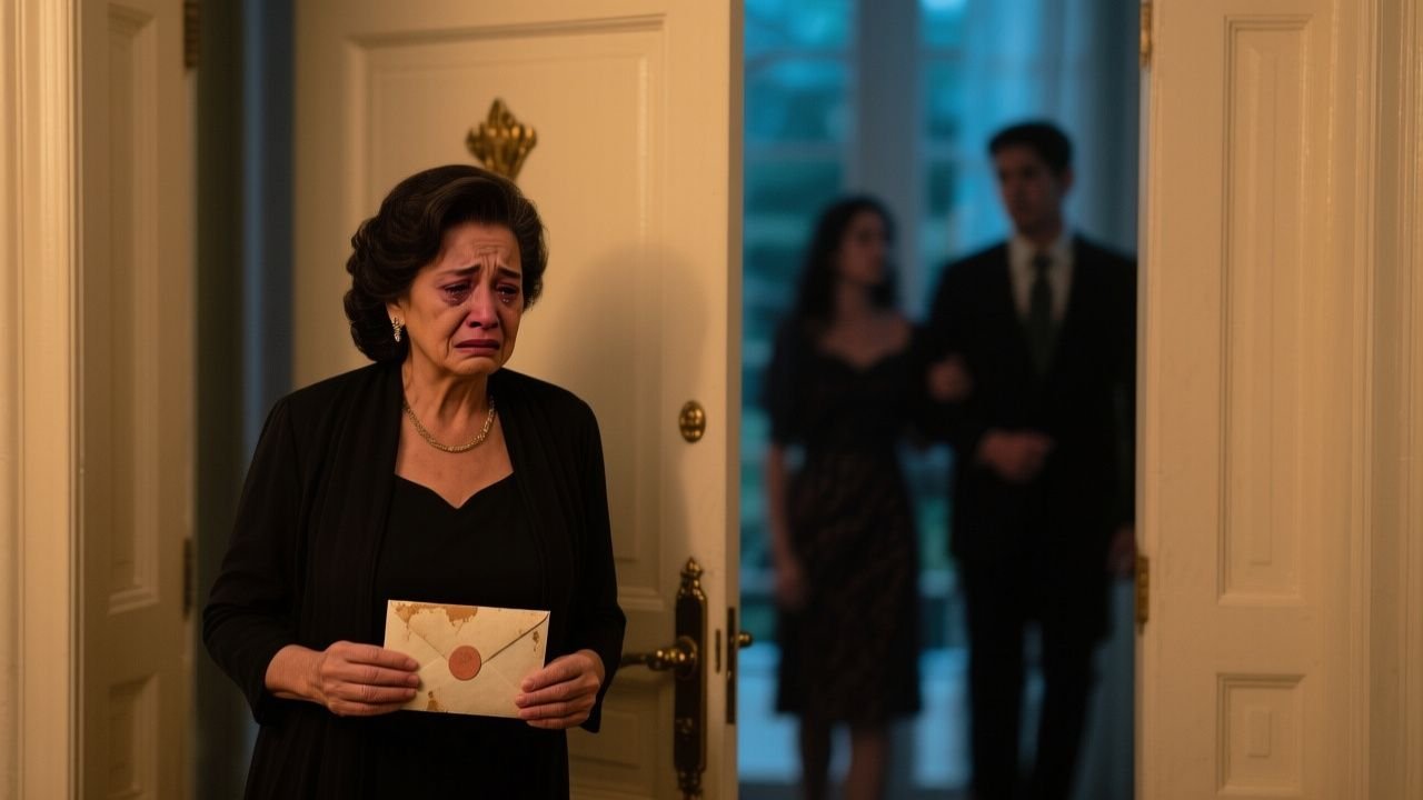 Victoria de pie en la acera con dos maletas frente a la mansión familiar, mirando la reja cerrada