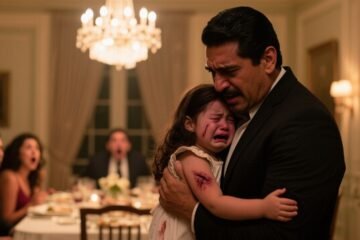 Padre sosteniendo a su hija con rasguños en el rostro durante una cena familiar en un comedor elegante