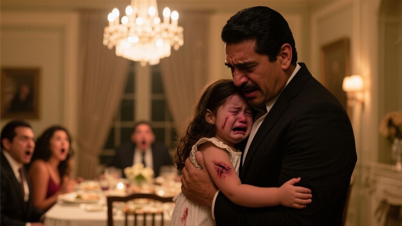 Padre sosteniendo a su hija con rasguños en el rostro durante una cena familiar en un comedor elegante