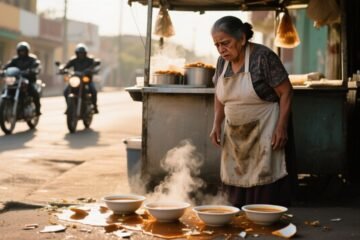 Doña Carmen, señora mayor con delantal, mirando los platos de sopa tirados en el suelo frente a su puesto callejero