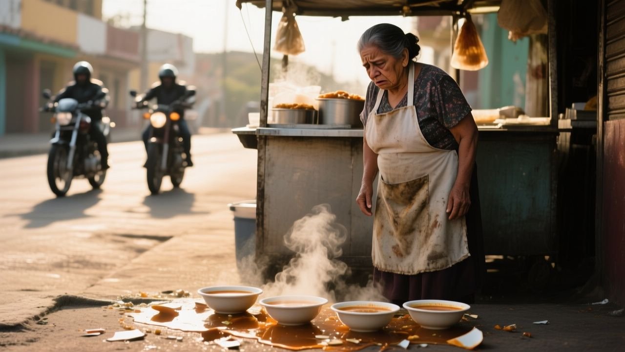 Doña Carmen, señora mayor con delantal, mirando los platos de sopa tirados en el suelo frente a su puesto callejero