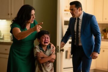 Hombre de traje azul abraza a niño que llora mientras mujer de verde lo observa con gesto severo en una casa