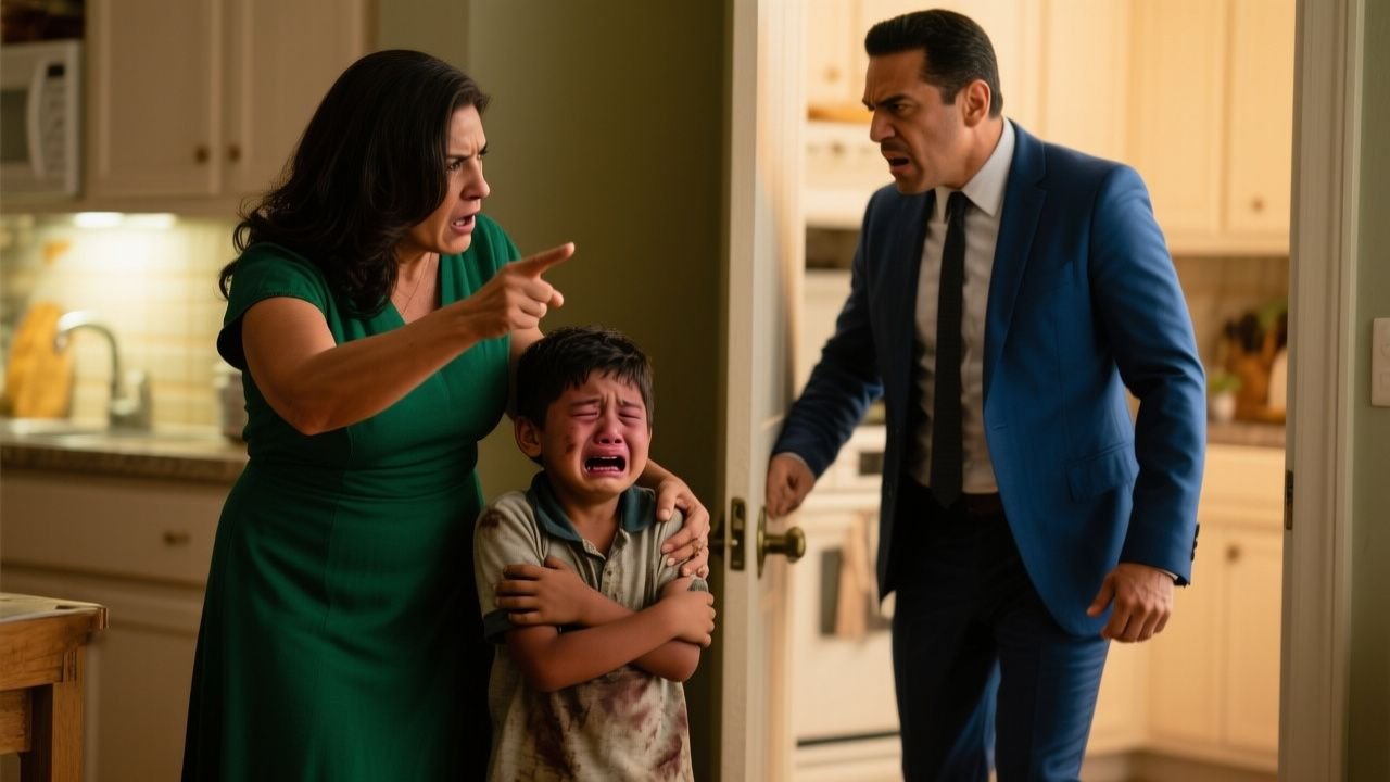 Hombre de traje azul abraza a niño que llora mientras mujer de verde lo observa con gesto severo en una casa
