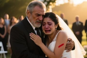 Novia llorando con golpe en el rostro refugiándose en los brazos de su padre mientras el novio sonríe con una copa en la mano