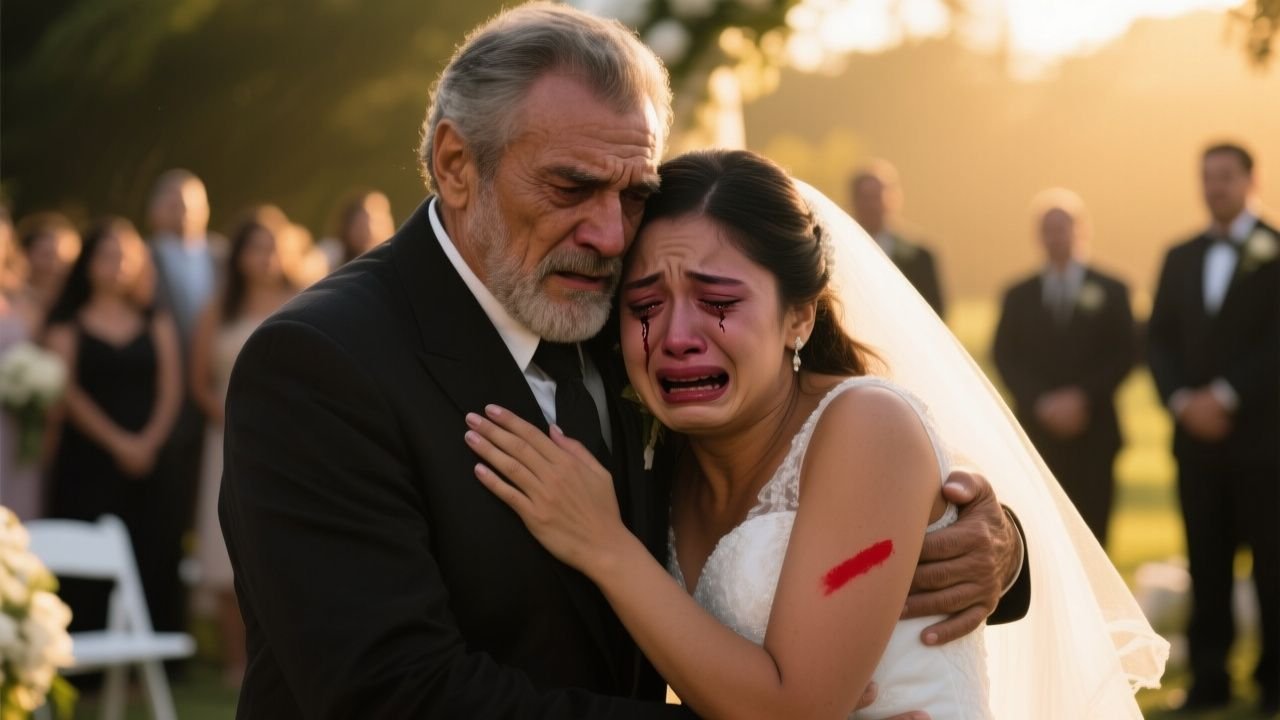 Novia llorando con golpe en el rostro refugiándose en los brazos de su padre mientras el novio sonríe con una copa en la mano