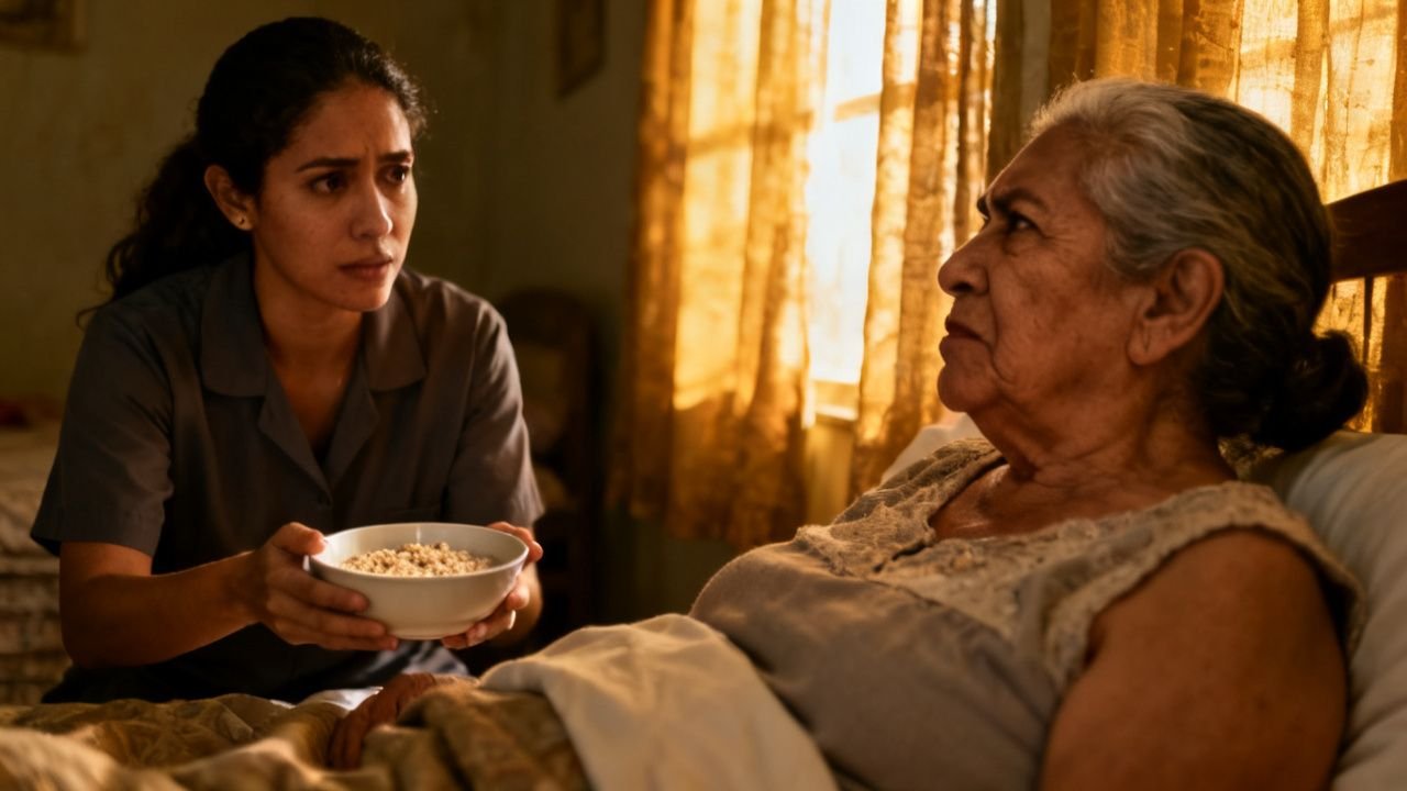 Anciana en cama rechazando la avena mientras una joven empleada sostiene la cuchara frente a ella