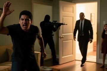 Padre de Mariana entrando con escoltas armados a la casa mientras Damián tiene la mano levantada para agredirla