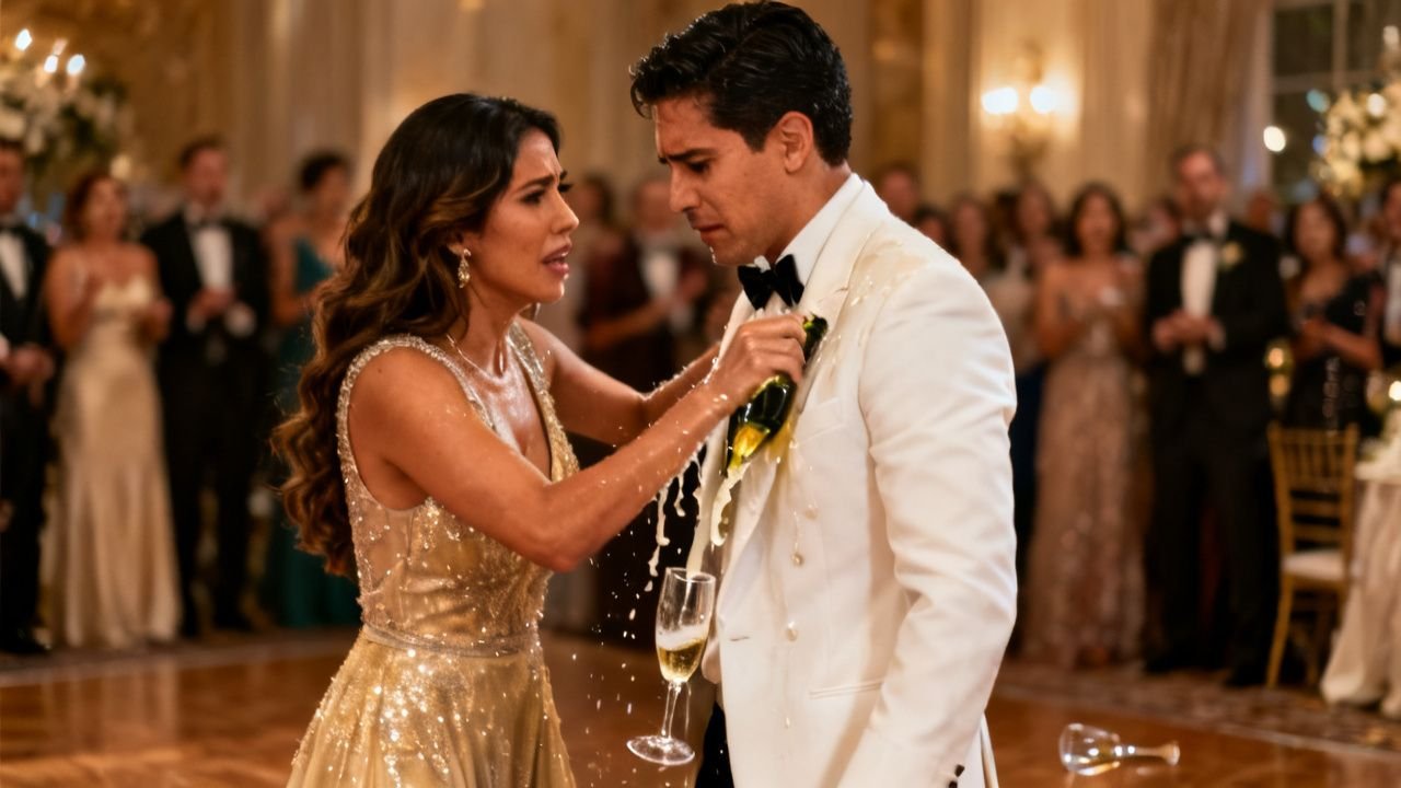 Mujer con vestido champagne derrama champán sobre el esmoquin blanco de un hombre en una fiesta elegante