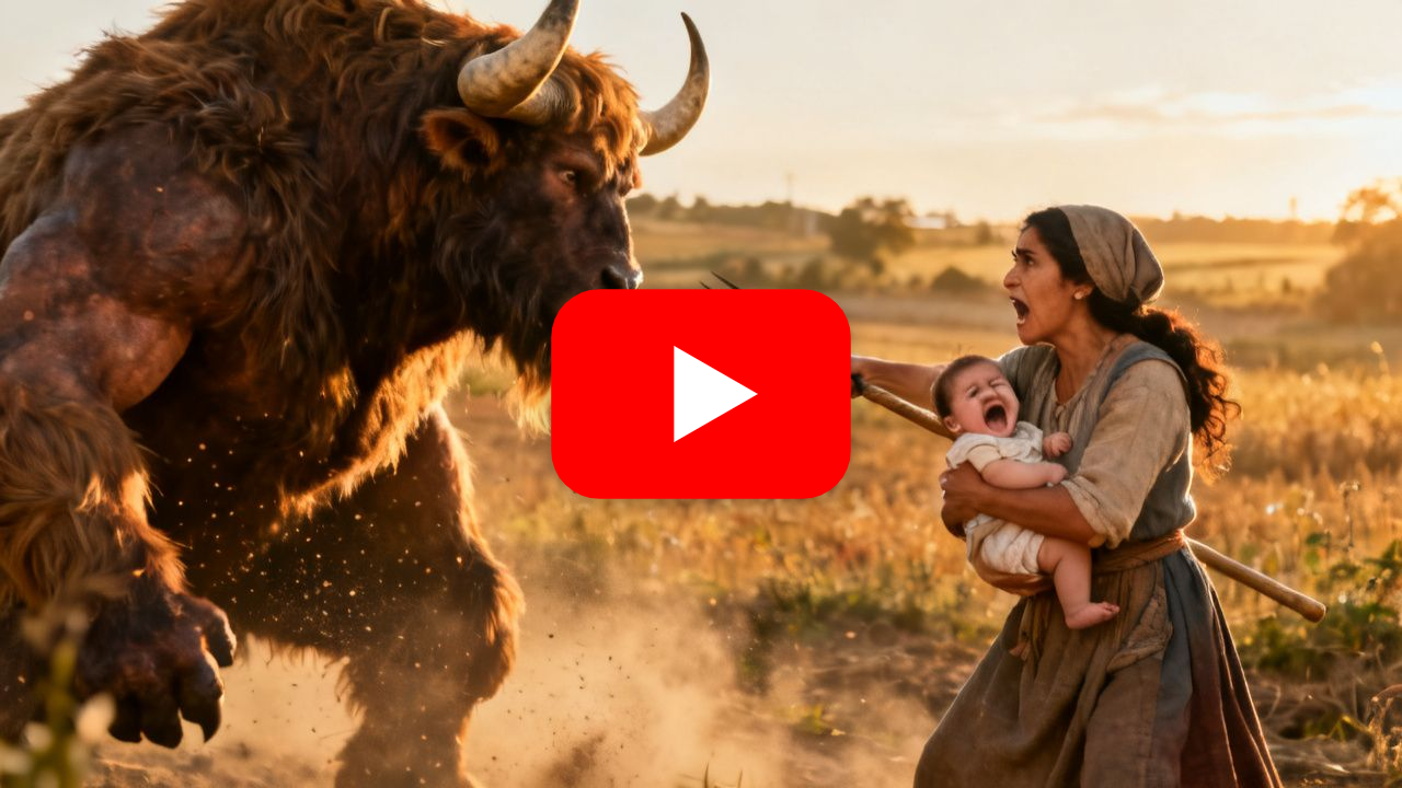 Mujer con horca frente a un gigante peludo con cuernos mientras carga a su bebé en brazos al atardecer