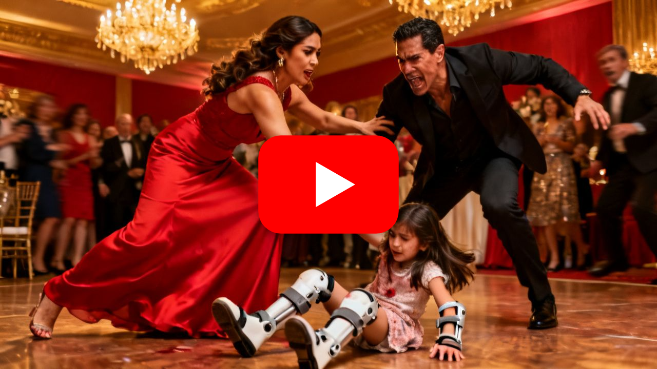 Mujer con vestido rojo agrede a niña con aparatos ortopédicos en una gala; su padre la defiende junto a la mesa del pastel