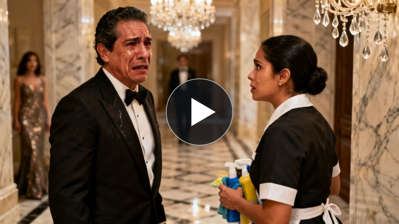 Mujer con uniforme gris limpiando una alfombra persa en un pasillo de mármol mientras un hombre elegante la observa conmocion