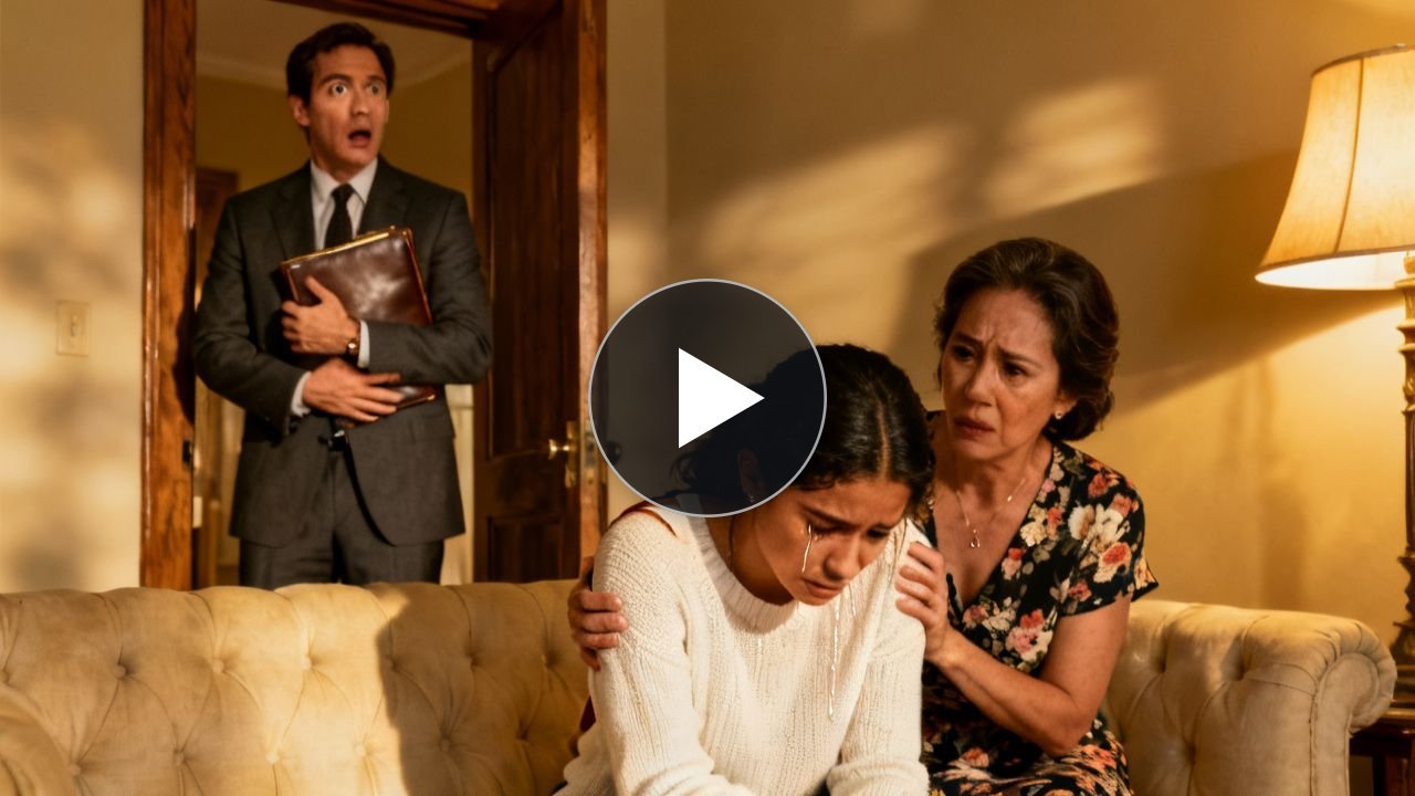 Joven llorando en el sillón junto a su madre mientras un hombre elegante con traje escucha desde la puerta sosteniendo un fol