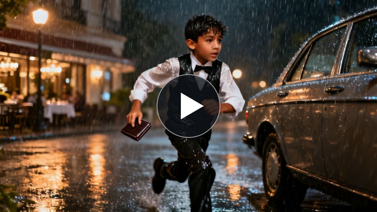Niño mesero empapado devuelve una cartera negra a una mujer junto a su auto bajo la lluvia