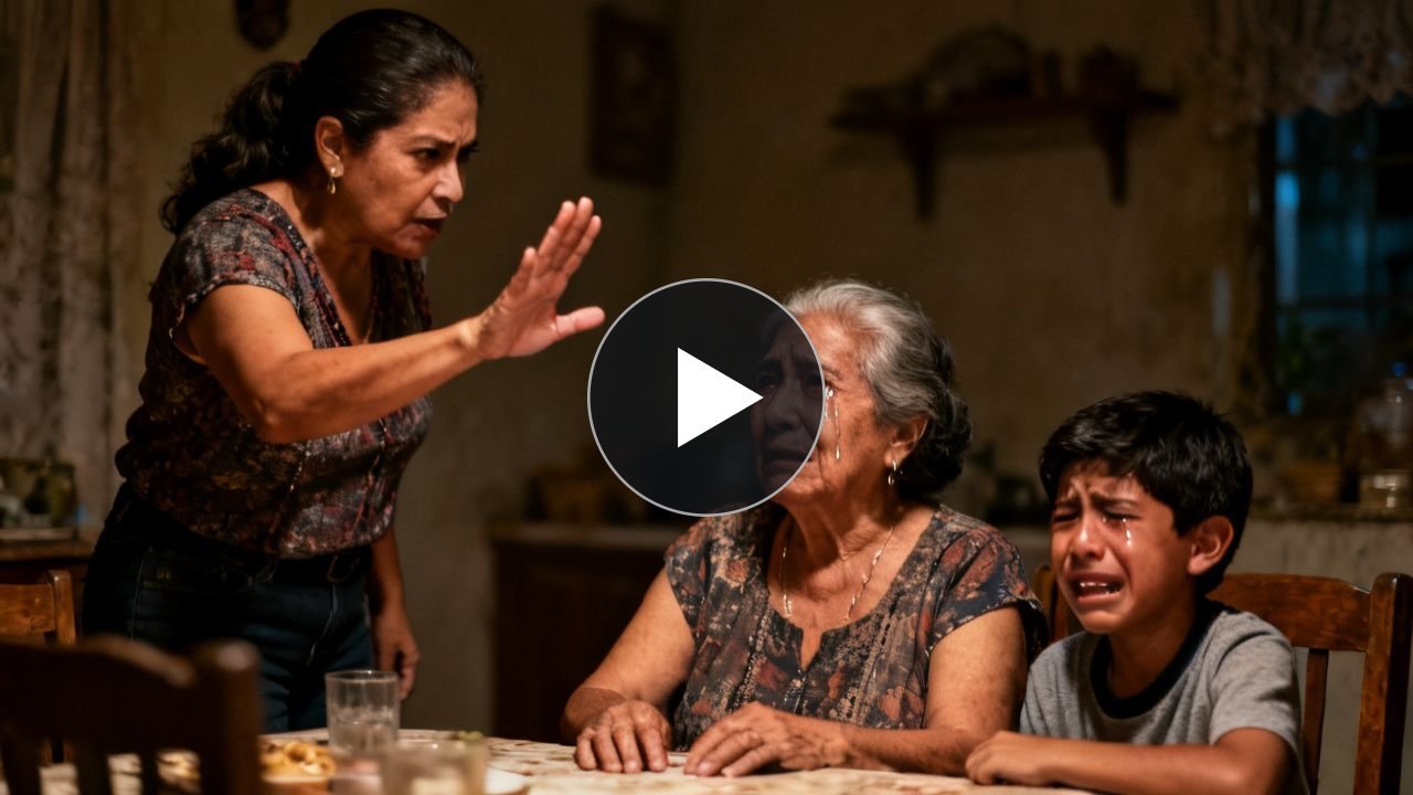 Mujer mayor con lágrimas siendo humillada en una mesa familiar mientras su nieto la abraza