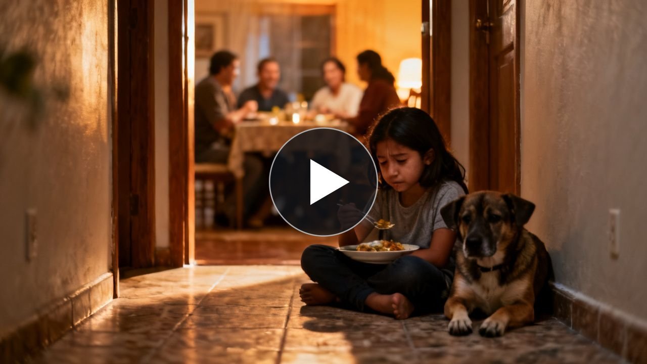 Niña sentada en el pasillo comiendo junto a su perro dorado mientras su familia cena en el comedor