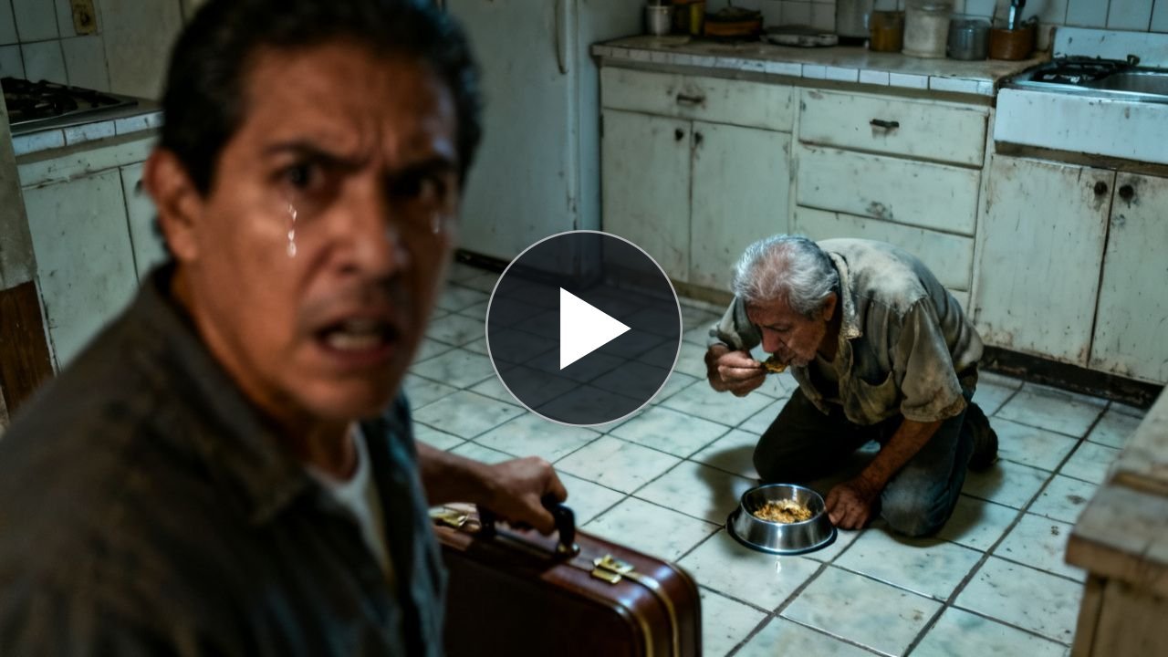 Hombre mayor sentado en el suelo de una cocina junto a un plato metálico, mientras una mujer lo observa con los brazos cruzad
