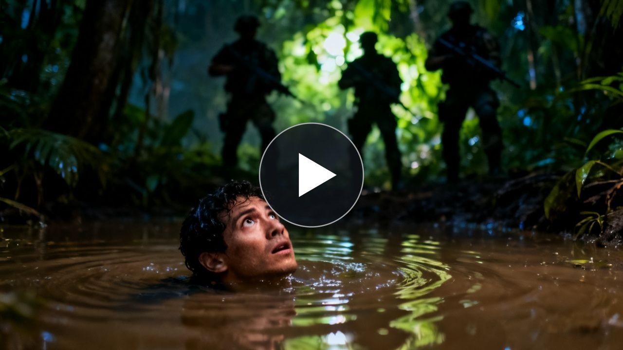 Hombre oculto bajo el agua fangosa de un charco en la selva mientras soldados armados lo buscan entre la maleza