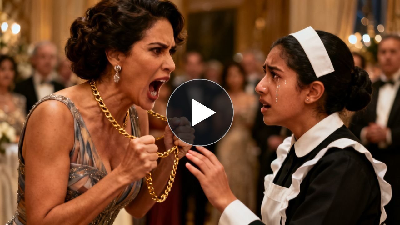 Mujer elegante arrancando el collar de oro a una joven mesera de uniforme gris en un salón de gala