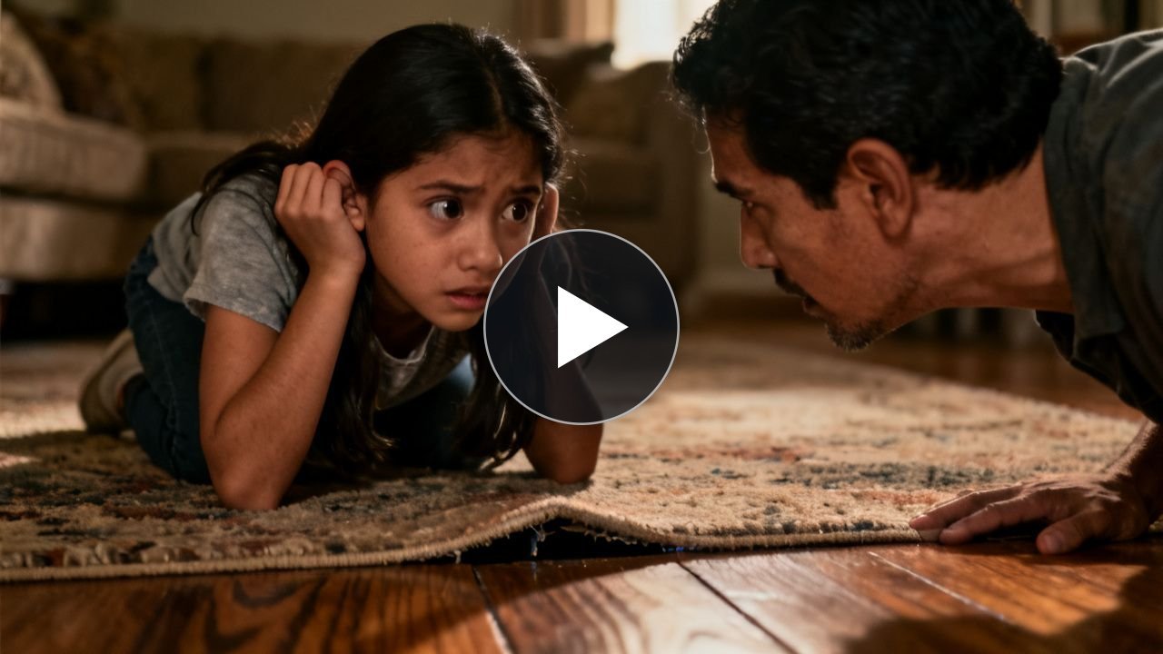 Padre agachado escuchando con la oreja pegada al piso de madera junto a su hija pequeña