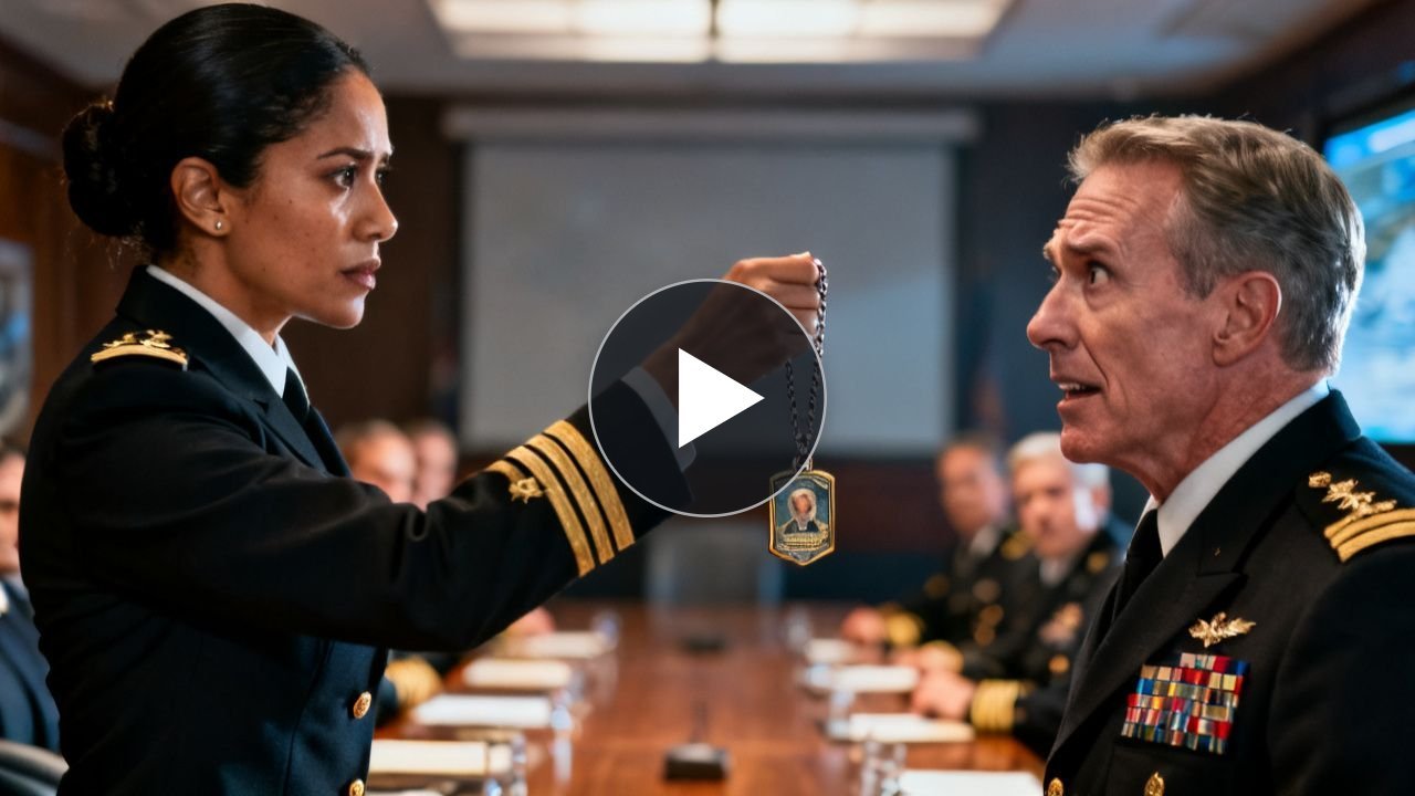 Comandante Rechea de pie mostrando una acreditación oficial al contralmirante en la sala de reuniones del alto mando naval