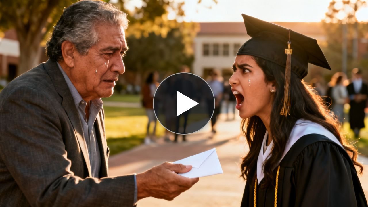 Hombre mayor con cámara desechable observa triste cómo su hija graduada posa con otro hombre en el salón de actos