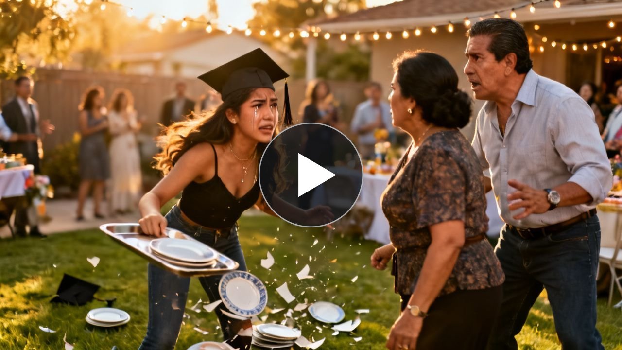 Padre confrontando a Marisal en el jardín durante la fiesta de graduación mientras Valentina sostiene una bandeja de platos s